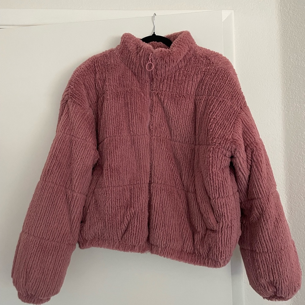 Pink fuzzy bomber jacket